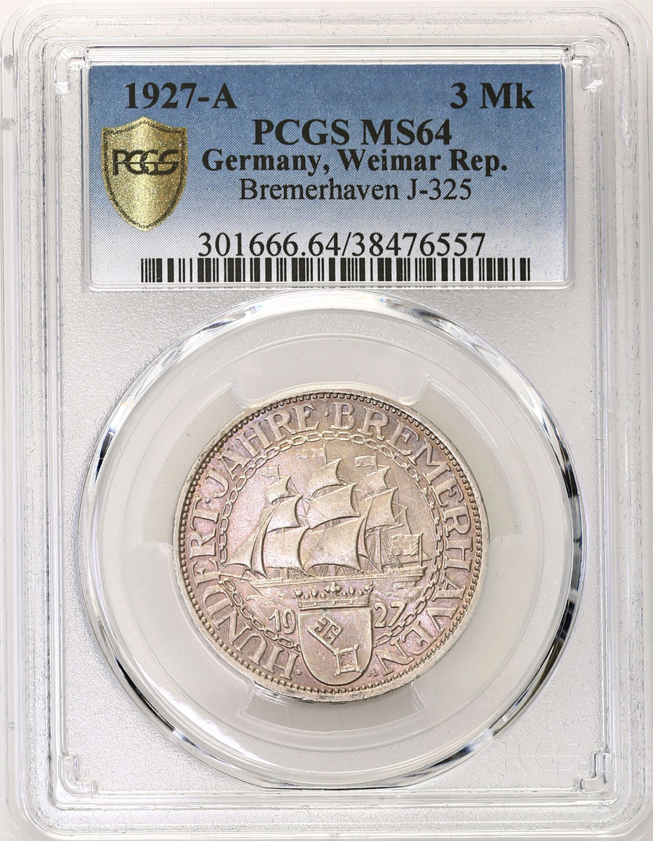 Niemcy, Weimar. 3 marki 1927 A, Berlin PCGS MS64 - RZADKIE